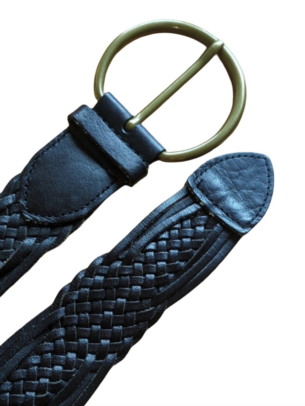 Classic Wide Braided Black Leather Belt with Brass Round Buckle (Up To 40")